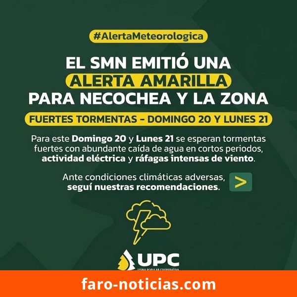 Alerta meteorológica amarilla en Necochea: SMN advierte tormentas de alta intensidad