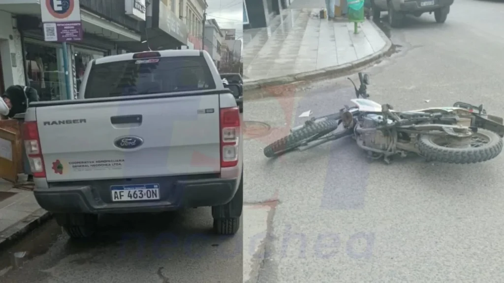 Accidente vial en el centro de Necochea: camioneta Ford Ranger y moto enduro chocan en la intersección 62 y 63