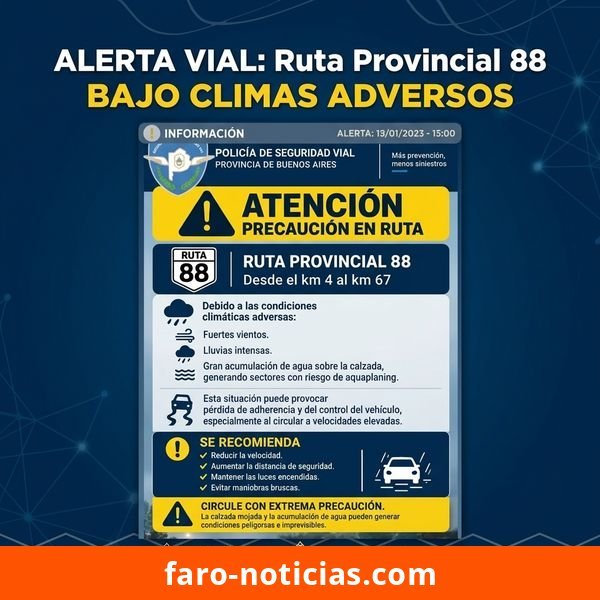 Alerta vial en la Ruta Provincial 88 por lluvias y vientos: piden extrema precaución entre el km 4 y el km 67